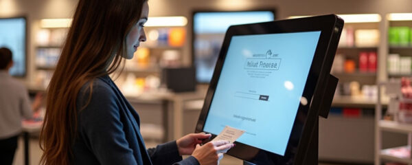 A customer stands in front of a kiosk in a retail shop