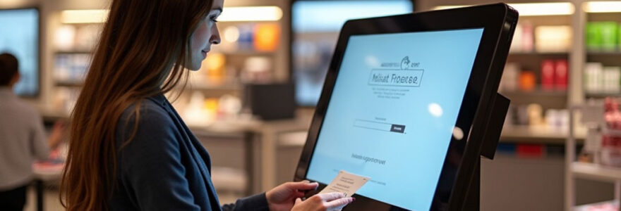 A customer stands in front of a kiosk in a retail shop